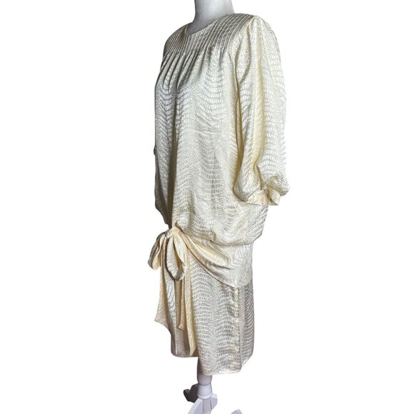 Argenti Vintage 80s Cream Textured Dress Small Tie Waist Buttons Golden Girls - Picture 4 of 7